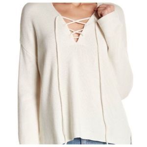 Joie cashmere blend off white lace up neckline sweater